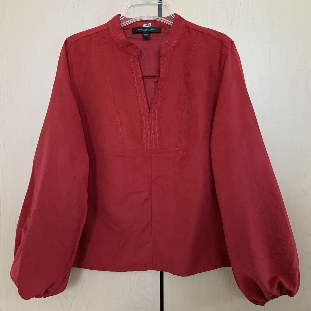 Marc New York Blouse Women L Red Faux Suede Split Neck Long Lantern Sleeve Top